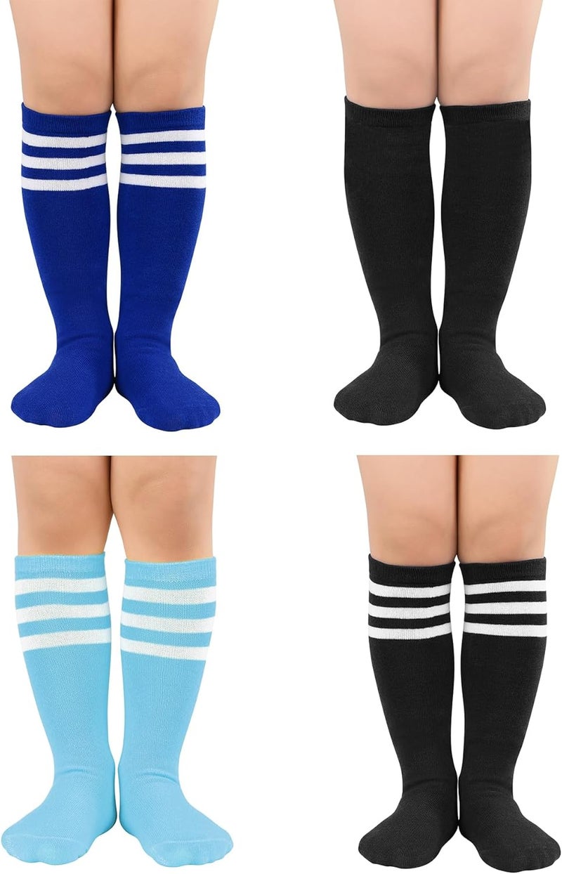 Zando 4 Pairs Toddler Soccer Socks Boys Baseball Black Knee High Sport Girls Long Cotton Socks Blue 2/Black 2 6-9 Years - Image 1